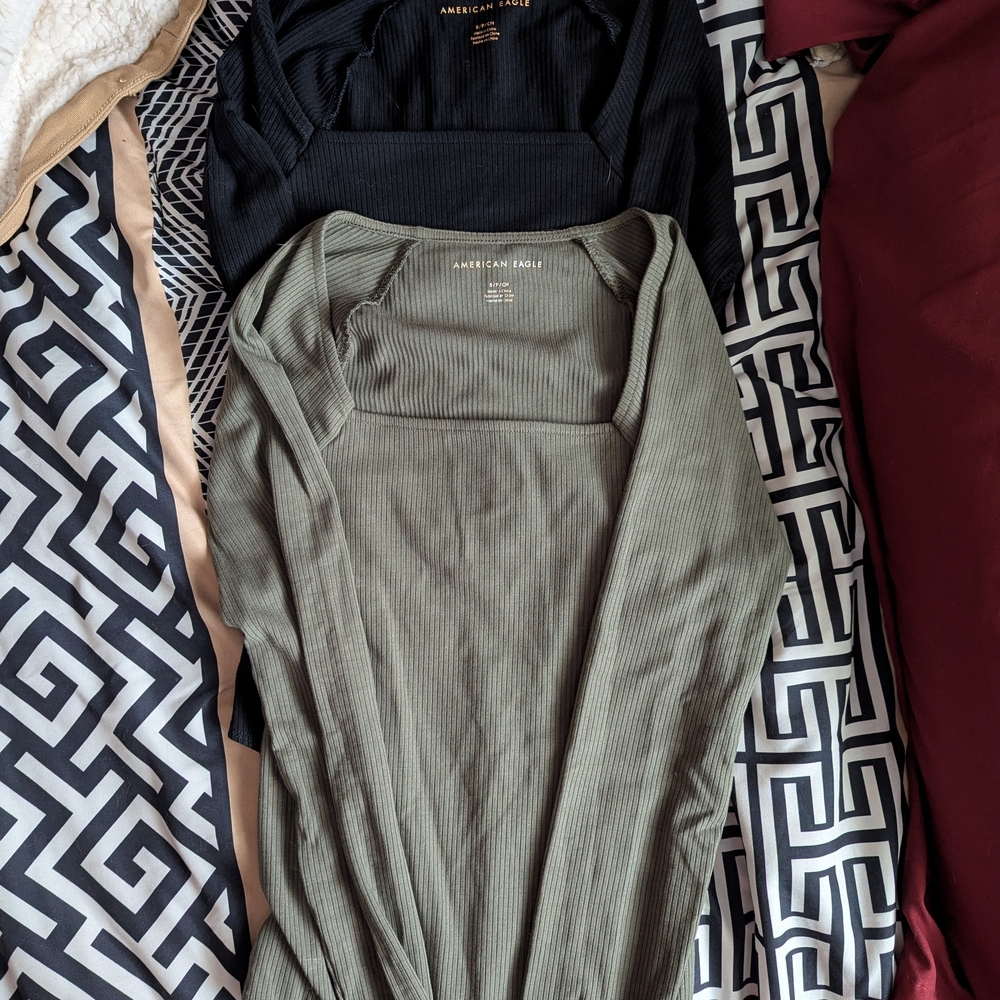 NWT American Eagle Black and Olive Ribbed Long Sleeved Bodsysuits
